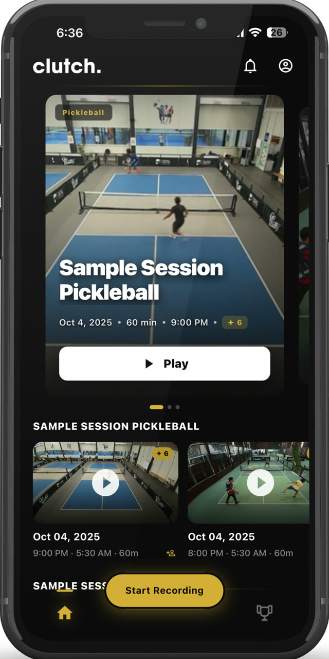 Clutch Player app home screen with recorded sessions and a Start Recording button