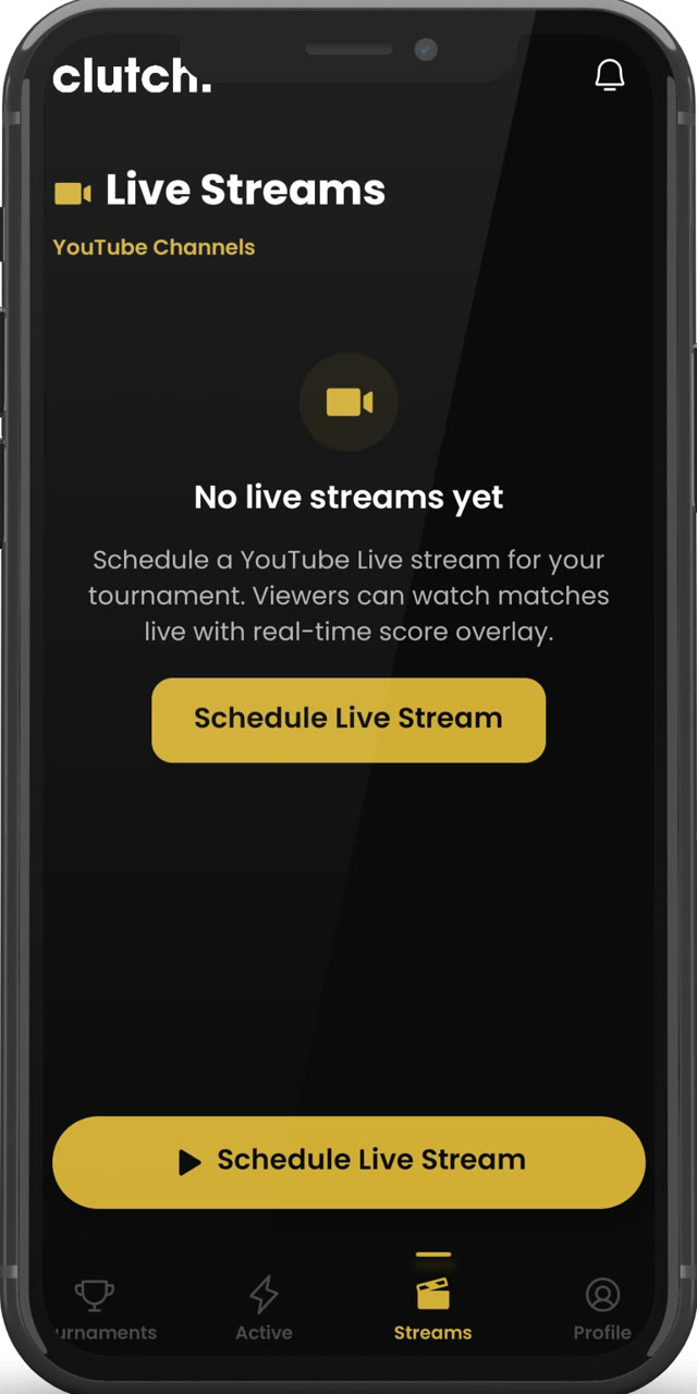 Clutch app live streams screen with real-time score overlay scheduling